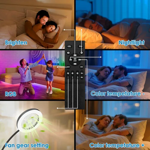 Vista 3 de Ventilador de piso con lámpara de luces RGB 18w 1200Lm lámpara LED con ventilador de pie y control remoto (negro)
