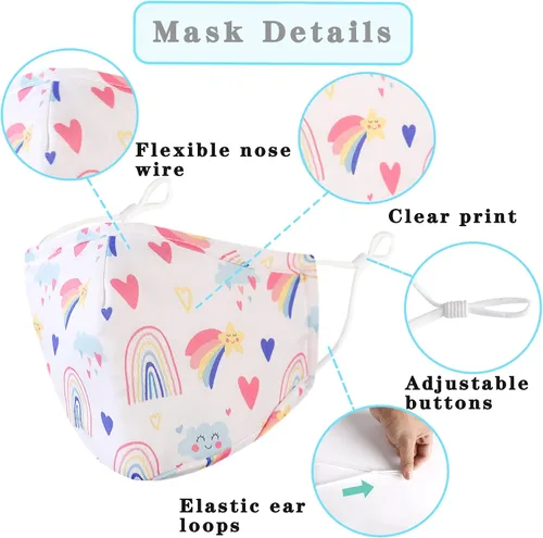 Vista 3 de Paquete de 5 máscaras faciales para niños, transpirables, reutilizables, ajustables, con alambre para la nariz, regalo para niños y niñas