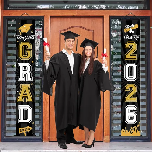 Vista 5 de Cartel de graduación 2026, decoraciones de graduación negro y dorado, letrero de porche de clase de 2026, decoración de puerta de felicitaciones