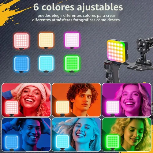 Vista 6 de Zeadio Kit de aparejo de video todo en uno, jaula de cámara de mano de aluminio con luz de video RGB, micrófono, mango superior, guía de varilla