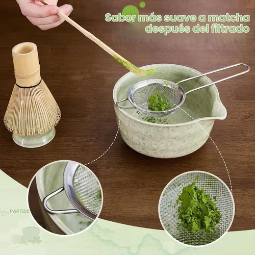 Vista 4 de Juego de 5 batidores de matcha, cuenco de matcha con boquilla, batidor de bambú 100% (Chasen), soporte, tamiz inoxidable, cuchara de té, kit