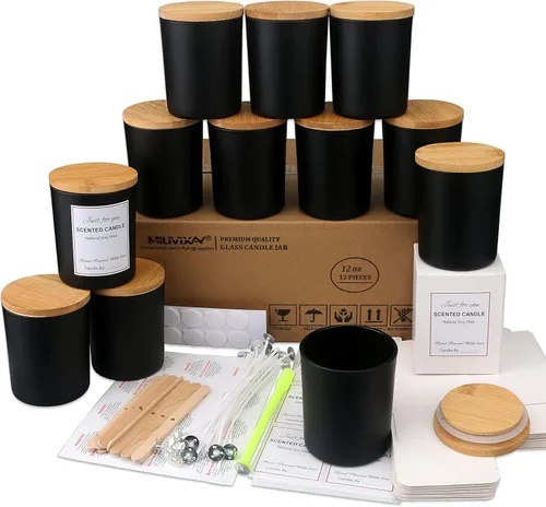 Vista 17 de MILIVIXAY Paquete de 12 tarros de vela de vidrio ámbar de 7 onzas con tapas y kits de fabricación de velas, tarros de velas vacíos a granel