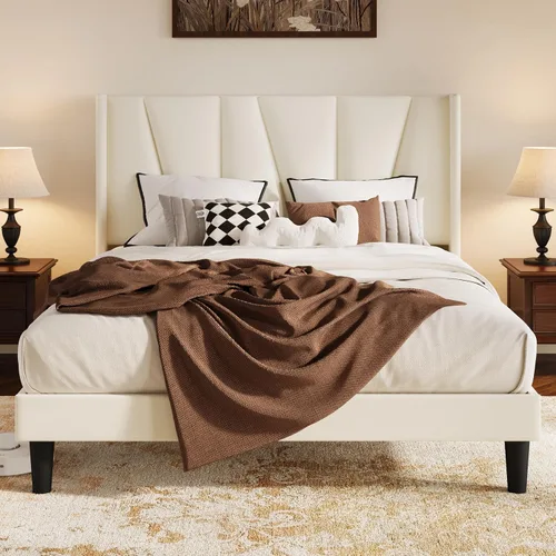 Vista 9 de HOOMIC Base de cama tapizada de tamaño matrimonial con cabecera geométrica moderna con respaldo de ala, listones de madera, no necesita somier, base