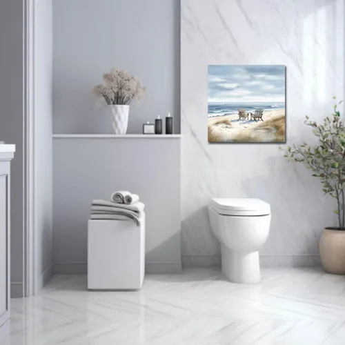 Vista 3 de LZIMU Arte de pared costero, silla de playa junto al mar, impresión en lienzo, pintura relajante de paisaje marino, arte de orilla relajante azul