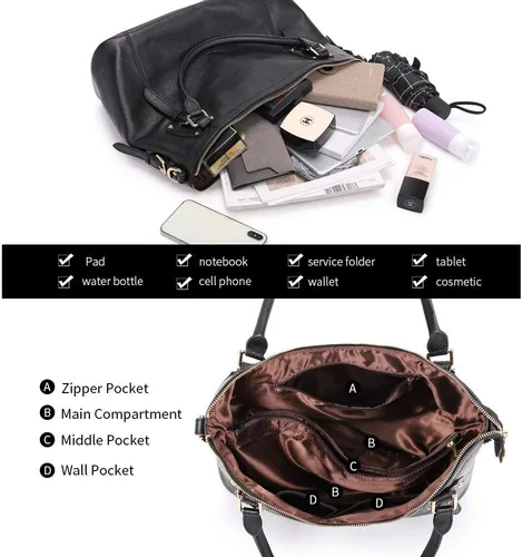Vista 4 de Kattee Bolsos de cuero genuino Bolso de hombro para mujer, bolso de diseñador con asas superiores, bolso cruzado de gran capacidad