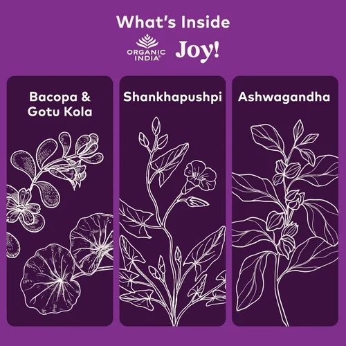 Vista 3 de ORGANIC INDIA Joy Suplemento de hierbas – Apoyo inmunológico, promueve la memoria y la concentración, vegano, sin gluten, Kosher, certificado