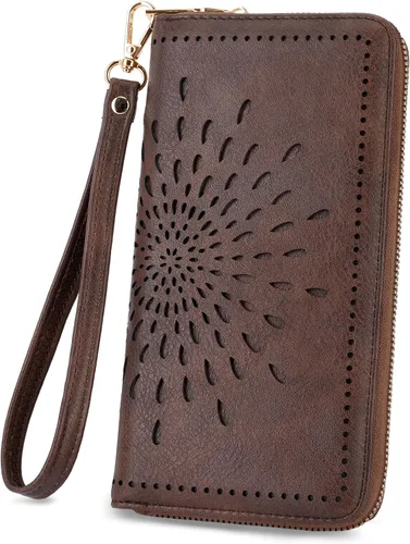 Vista 14 de APHISON Billetera para mujer, gran capacidad, monedero, tarjetero, RFID, pulsera, teléfono, cremallera, moneda, bolsillo de viaje azul