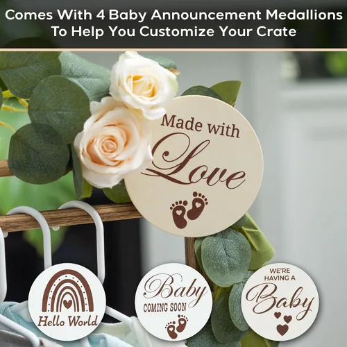 Vista 5 de Armario de madera para baby shower con parte delantera de acrílico transparente, caja de madera personalizable con sistema de doble varilla, cestas