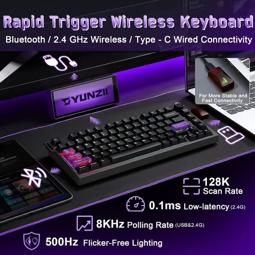 Vista 3 de YUNZII RT75 PRO Wireless Gaming Keyboard,Hall Effect Mechanical Rapid Trigger Magnetic Keyboard BluetoothUSB-C2.4G 8KHz Polling Rate &128K Scan,RGB