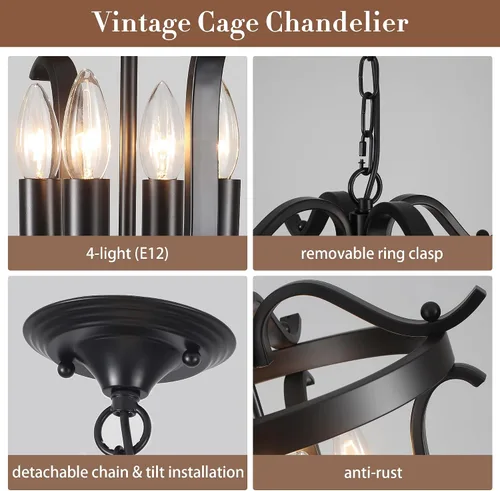 Vista 7 de Candelabro negro de granja, 4 lámparas de techo para comedor Lámpara colgante de jaula vintage para comedor, cocina, entrada, pasillo, vestíbulo