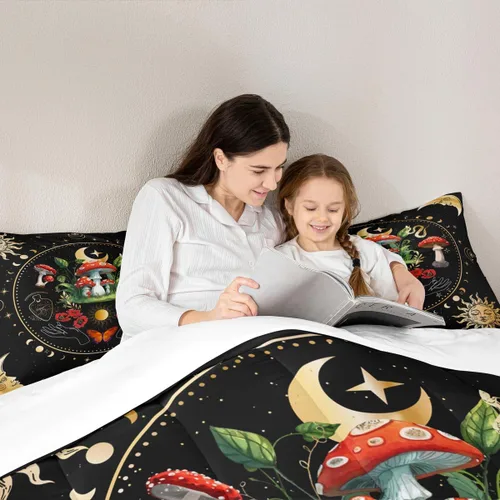 Vista 2 de Juego de edredón de champiñones para niños, tamaño individual, juego de ropa de cama romántica con sol, luna, cielo estrellado y galaxia, decoración