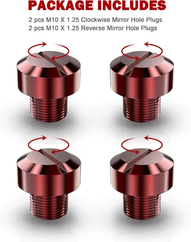 Vista 4 de MZS Tapones para agujeros para espejos de motocicleta, tapas universales CNC, color rojo, 4 piezas, M10 x 1.25 en sentido horario, compatible