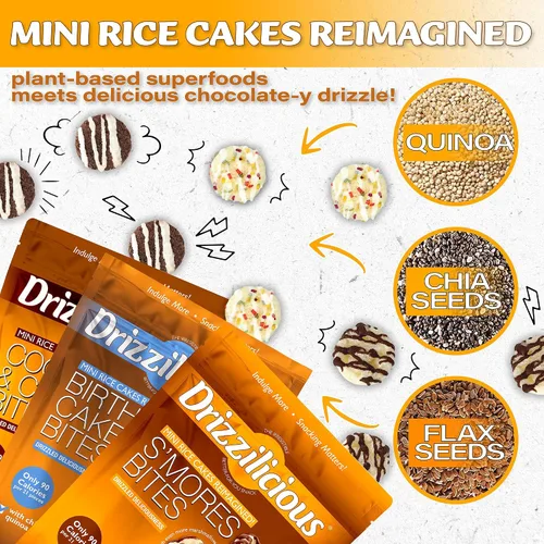 Vista 4 de Drizzilicious - Paquete variado de mini tortitas de arroz, crisps de arroz, aperitivo saludable para adultos y niños, tortitas de arroz con sabor
