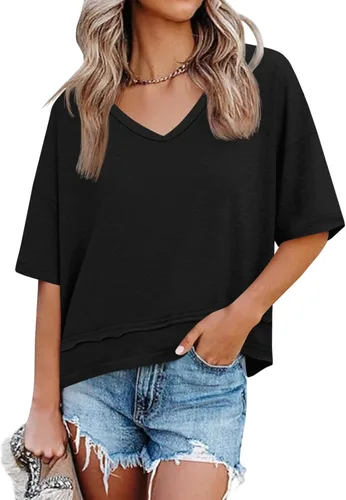 Vista 23 de Cicy Bell Camisetas de verano con cuello en V para mujer, casuales, de manga corta, holgadas, lindas camisetas básicas Caqui