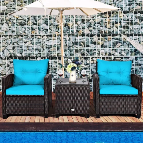 Vista 14 de Moderno juego de muebles de mimbre beige de 3 piezas para patio con cojines resistentes al agua y mesa de vidrio templado