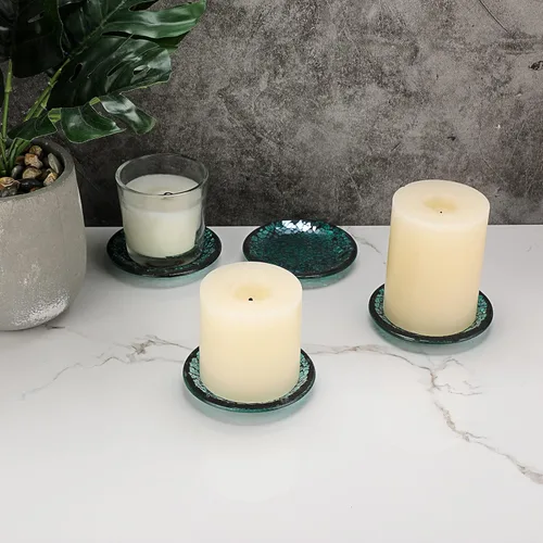Vista 5 de OwnMy 4 platos y bandejas para velas de vidrio de mosaico de 4 pulgadas, portavelas de pilar, posavasos de mosaico de vidrio, bases decorativas