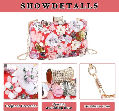 Vista 5 de Fecialy Bolsos de noche florales para mujer, bolsos de mano con diamantes de imitación coloridos, bolso floral para novia, boda, bolso de hombro