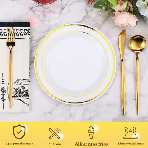 Vista 3 de Sieral 200 platos desechables de plástico para fiestas con borde de plástico duro, aperitivo, ensalada, postre de 7.5 pulgadas, elegante vajilla