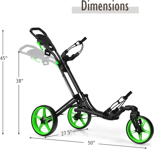 Vista 5 de Tangkula Carrito de golf con rueda delantera giratoria de 360°, carrito de golf plegable de aluminio de 3 ruedas, carrito de golf con correa
