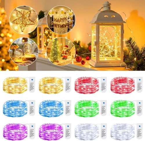 Vista 5 de Minetom Paquete de 12 luces de hadas que funcionan con pilas, 8 modos, 7 pies, 20 LED, 6 colores, impermeables, alambre plateado, luces