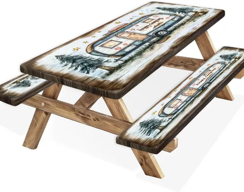 Vista 26 de Funda para Mesa de Picnic con Fundas para Bancos y Bolsa, Campista de Madera Impermeable Resistente al Viento, Cubierta de Mantel Ajustada con Borde
