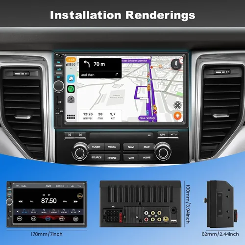 Vista 9 de Estéreo de auto doble DIN con Apple CarPlay y Android Auto, radio de coche con pantalla táctil HD de 7 pulgadas, receptores de audio Bluetooth