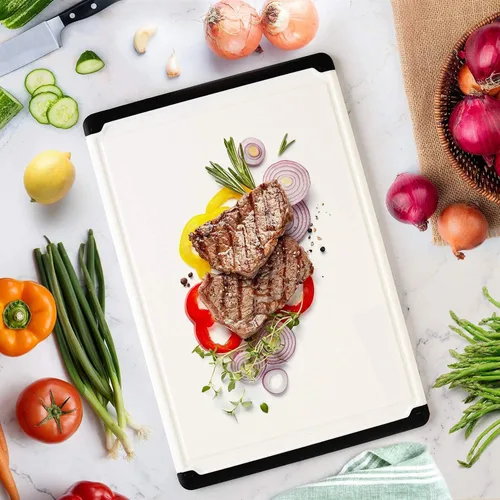 Vista 4 de Tabla de cortar de plástico para cocina, tabla de cortar extragrande de 18 pulgadas, ranura para jugos, pies antideslizantes, apta