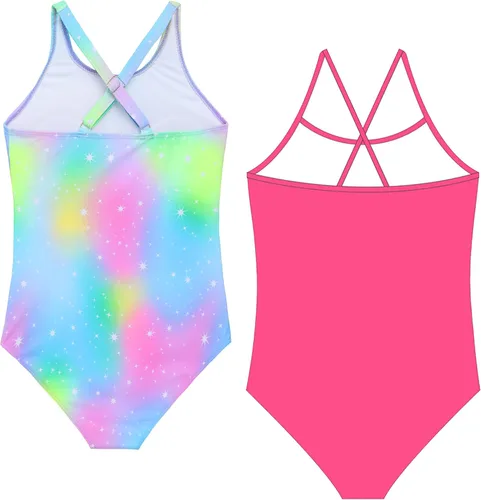 Vista 2 de Mecamelon Paquete de 2 trajes de baño de una pieza para niñas, estampado de unicornio, sirena, traje de baño de playa