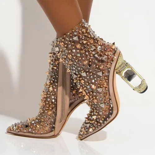 Vista 41 de FSJ Botas de tacón alto con punta puntiaguda para mujer, con tacón alto, con cremallera lateral brillante, estilo casual, para uso diario, zapatos
