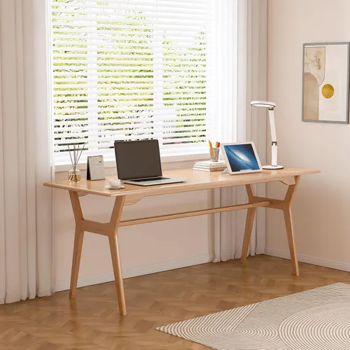 Vista 3 de OSCHF Escritorio de estudio de madera maciza, mesa de computadora doble larga de 63 pulgadas para oficina en casa, estación de trabajo de PC para 2