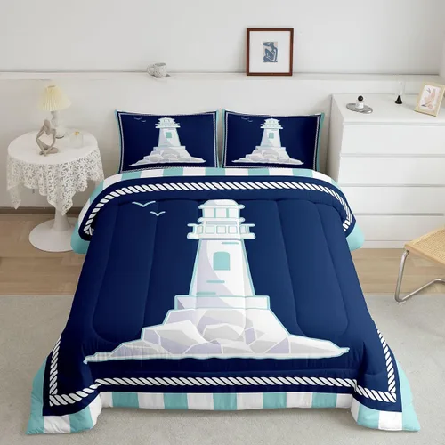 Vista 15 de Juego de edredón de brújula azul marino, tamaño individual, 2 piezas, diseño náutico de vela, estilo simple, para niños, adolescentes, adultos