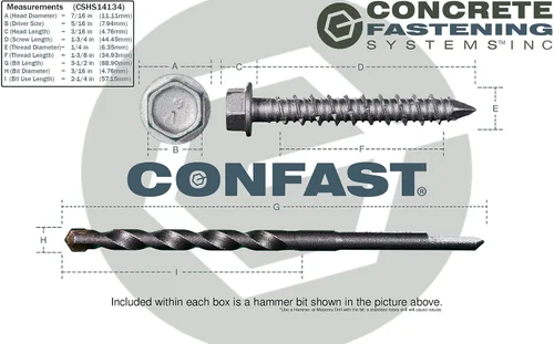 Vista 8 de CONFAST Tornillos para concreto de 1/4" x 1-3/4" de acero inoxidable 410 Phillips planos con cabeza cuadrada cóncava con broca para anclaje a