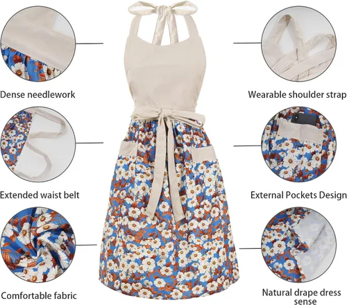 Vista 5 de Bonitos delantales florales para mujer con bolsillos, delantal de algodón ajustable con correa para el cuello para cocina, cocina, hornear