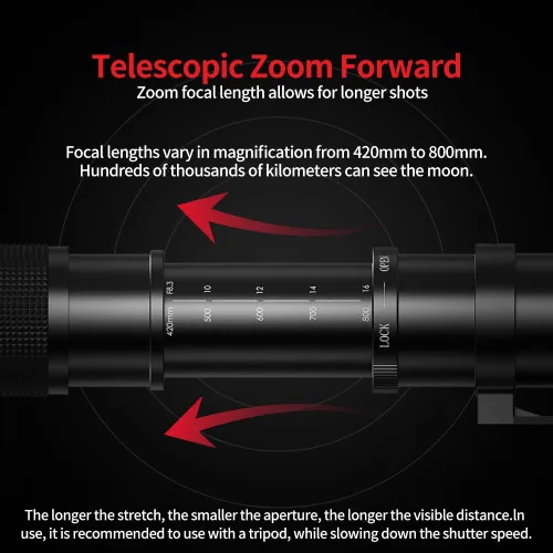 Vista 7 de 420-800mm f/8.3 Lente teleobjetivo Zoom para cámara SLR para Canon T7i T6 T6i T6s T7 T8i T3i, T4i, T5, T5i, SL2, SL1 4000D 2000D 80D 90D 5D III 6D
