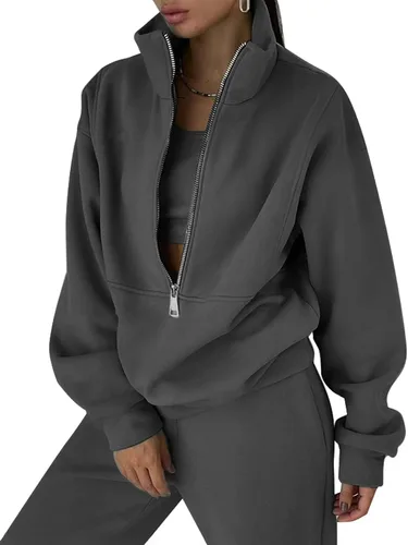 Vista 9 de PEHMEA Conjunto deportivo de 2 piezas de otoño para mujer, con forro polar, holgado, manga larga, media cremallera, cómodo conjunto de descanso