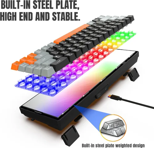 Vista 6 de Snpurdiri Combo de teclado y mouse inalámbricos 60% para juegos, batería recargable de 2000 mAh con retroiluminación arcoíris, mini teclado mecánico