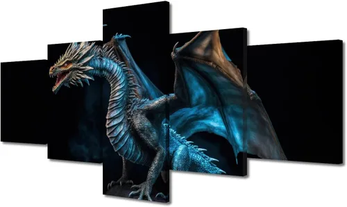 Vista 29 de Lienzo decorativo para pared de sala de estar, lienzo de dragón, 5 paneles, dragón verde, decoración de pared para el hogar, decoración de pared