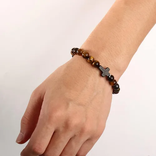 Vista 7 de sailimue 8 pulseras de cuentas cruzadas para mujeres y hombres, 0.315in, ojo de tigre, piedra de lava, piedra de roca de lava, elástica, juego