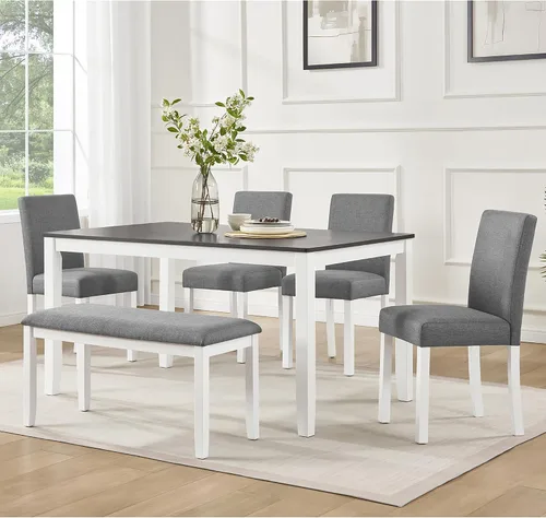 Vista 14 de LUMISOL - Juego de mesa de comedor de madera maciza con 4 sillas tapizadas y banco para cocina, comedor, sala de estar, gris plateado
