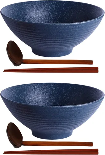 Vista 7 de Kanwone Juego de cuencos de cerámica japoneses para ramen, cuencos de sopa de fideos, 37 onzas, con cucharas y palillos a juego para fideos Negro