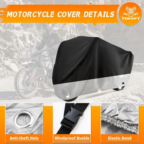 Vista 3 de Funda Impermeable para Motocicleta Protección al Aire Libre con Orificios para Candado y Bolsa de Almacenamiento Se Adapta a Motocicletas de hasta