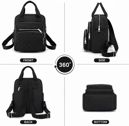 Vista 6 de Mochila pequeña para mujer, casual, acolchada, cuadrada, impermeable, con múltiples bolsillos, ligera, asa superior, Negro, Pequeño, Mochilas