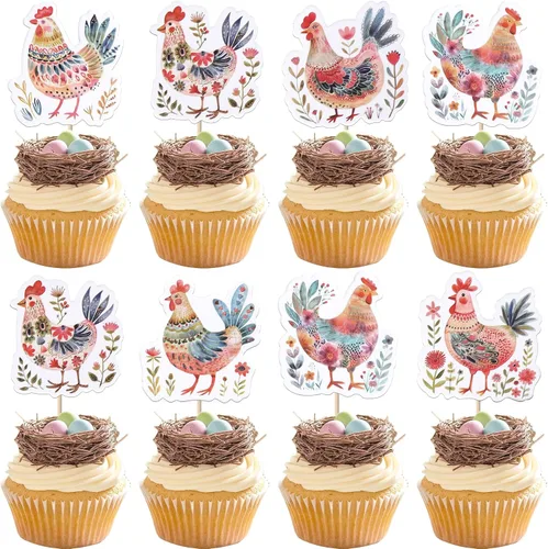 Vista 12 de Rsstarxi Paquete de 36 adornos para cupcakes con diseño de vaca, dos decoraciones para cupcakes de animales de granja con zoom de 2º cumpleaños