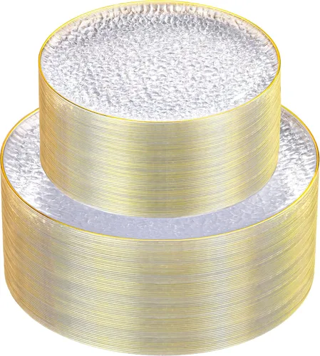 Vista 16 de Hioasis 60 piezas de platos de plástico negro - Juego de vajilla desechable con borde dorado, martillado, resistente, adecuado para 30 invitados