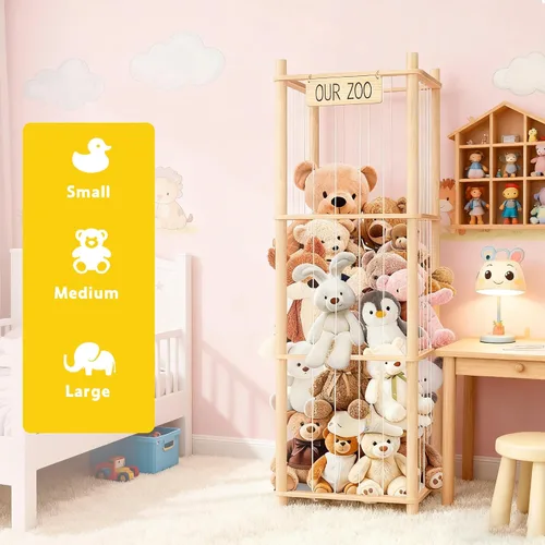 Vista 4 de Organizador de exhibición de animales de peluche con estante, diseño de jaula de zoológico de madera para almacenamiento grande de juguetes