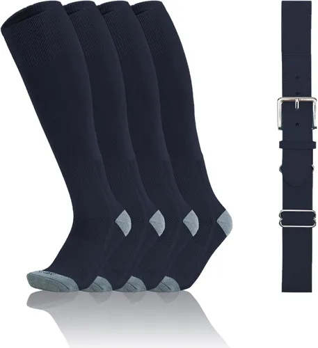 Vista 13 de QBK Conjunto combinado de calcetines y cinturón de béisbol para niños pequeños de 2 a 16 años (2 pares de calcetines y 1 cinturón)
