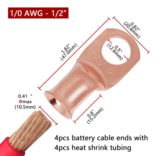 Vista 5 de TKDMR 4 piezas terminales de batería 1/0 AWG-1/2, terminales de cable resistentes, terminales de anillo, extremos de cable de batería, terminales