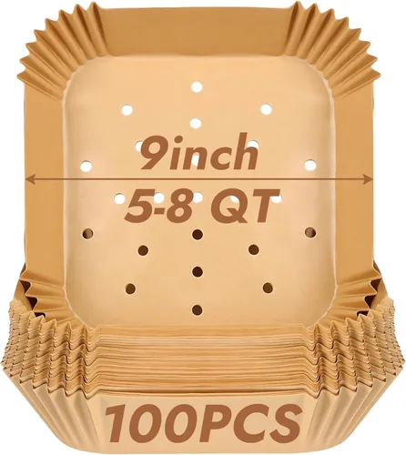 Vista 9 de BYKITCHEN Forros cuadrados para freidora de aire de 2 a 5 Qt, juego de 100, papel de pergamino perforado pequeño de 8 pulgadas para mini freidora