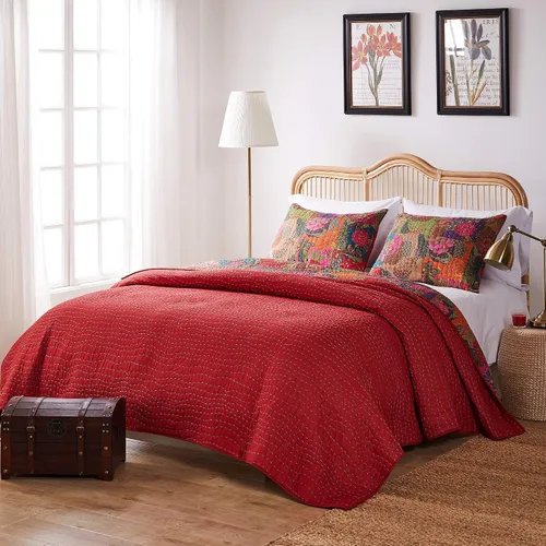 Vista 3 de Greenland Home Jewel Kantha - Juego de cama reversible acolchado 100% algodón, tamaño individual (2 piezas), color rojo