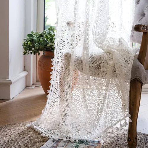 Vista 20 de WAZZIO Cortinas de Encaje, Cortina Boho de Crochet para Dormitorio, Cortinas de Café de Algodón, 45 Pulgadas de Largo, 2 Paneles con Bolsillo